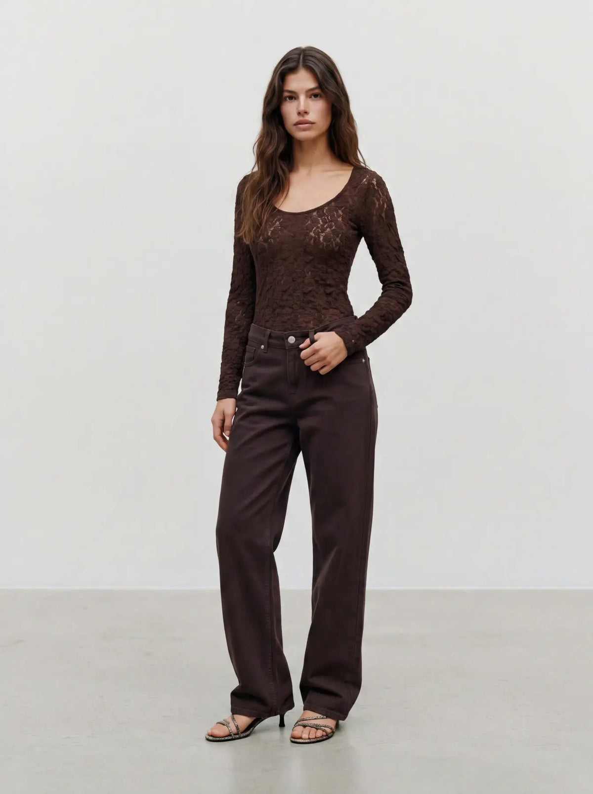 VMFLORA LS 2-WAY LACE TOP JRS NOOS-brun