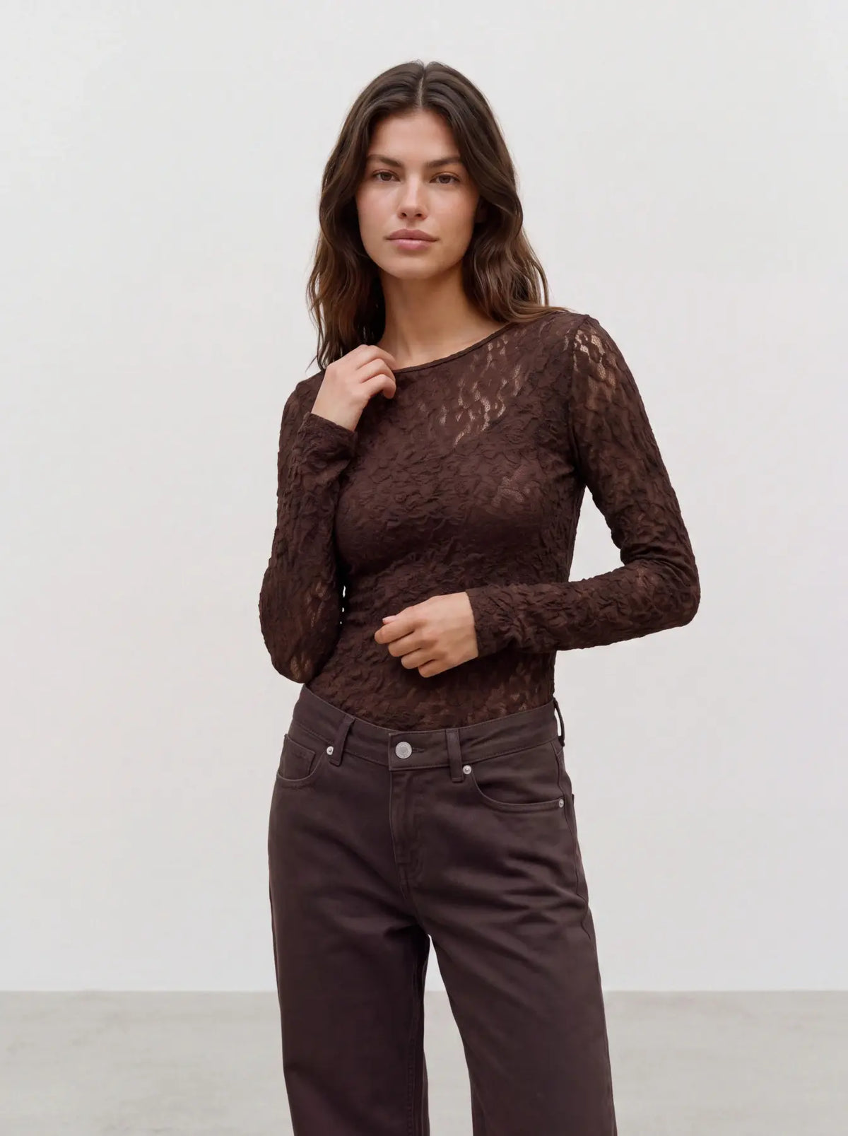 VMFLORA LS 2-WAY LACE TOP JRS NOOS-brun